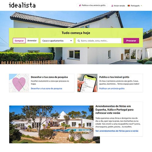 Idealista - это хорошо зарекомендовавший себя сайт, предоставляющая обширный выбор недвижимости по всей Португалии. Если вы ищете стильную квартиру в Лиссабоне или виллу в Алгаеве, Idealista предлагает удобный интерфейс и мощные поисковые фильтры, которые помогут вам найти любую недвижимость. С более чем 9 миллионов ежемесячных посетителей Idealista является самым популярным сайтом для поиска недвижимости в Португалии.